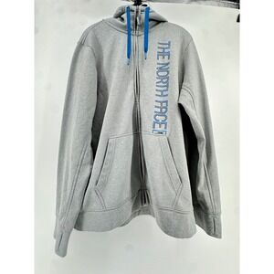 The North Face Mens XL Full Zip Hoodie Gray Blue Logo Fleece Jacket Thumbholes